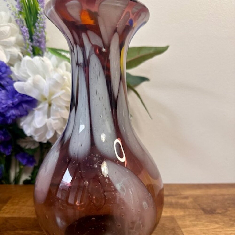 Hand Blown Amethyst Art Glass‎ Vase Vintage Decor with Colour Swirls